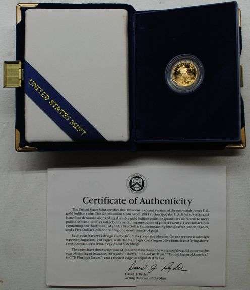 1992 $5 1/10 oz American Gold Eagle – With Original Box & COA