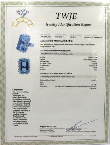 14kt White gold 22.93ct Emerald cut aquamarine and 1.75ctw diamond halo ring