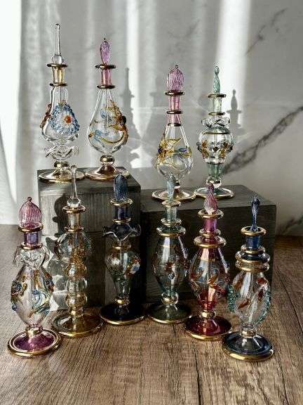 Luxury Embossed Glass Design Egyptian Handblown Perfume Bottles, Set of 5