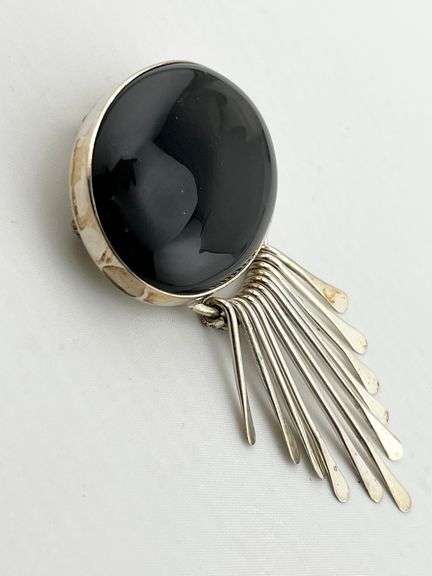 925 Sterling Silver Mexico Onyx Modernist Prndant Brooch With Dangle Bars Penndant