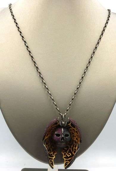 925 Sterling silver pink sapphire, blue sapphire and diamond skull with wings pendant on chain