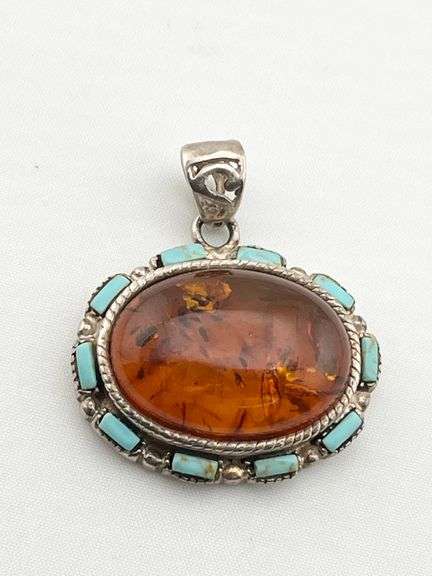 925 Sterling Silver Vintage Oval Baltic Amber Accented With Small Turquoise Pendant