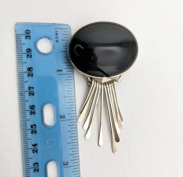 925 Sterling Silver Mexico Onyx Modernist Prndant Brooch With Dangle Bars Penndant