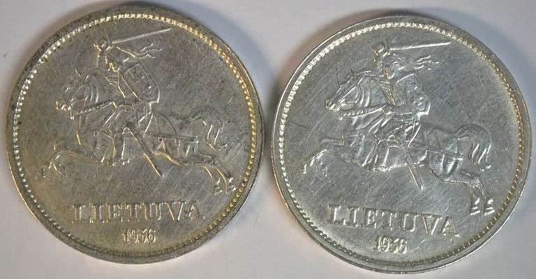 2 Lustrous near mint 1936 Lithuania Silver 10 Litu pieces
