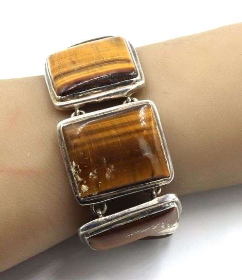 Vintage 925 sterling silver Tiger eye square link adjustable bracelet