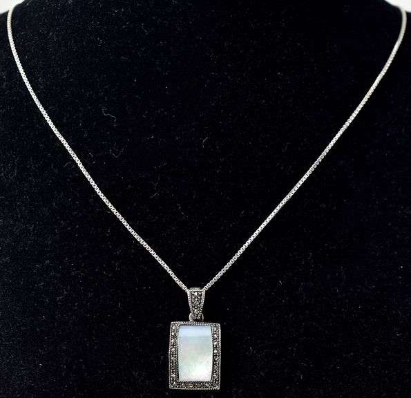 Mother of Pearl and Marcasite Gemstone Pendant necklace in Sterling Silver