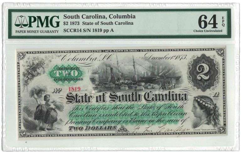 1873 $2 State of Carolina – SCCR14 – S/N 1819 – PMG Choice Uncirculated 64 – Rare Note