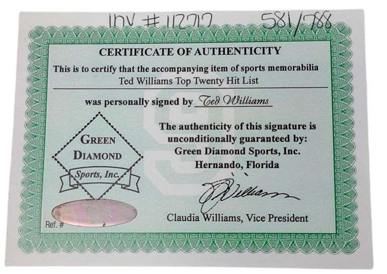 Ted Williams Signed Framed Boston Red Sox Hit List Photo Green Diamond