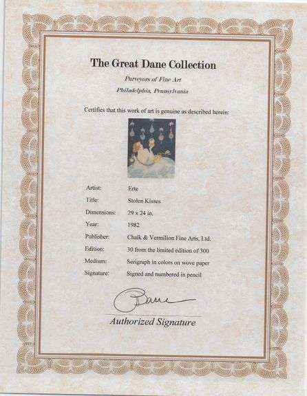 Erte "Stolen Kisses" Signed Limited Edition Serigraph