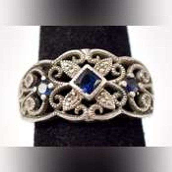 Blue Sapphire and Diamond Ring in Sterling Silver .