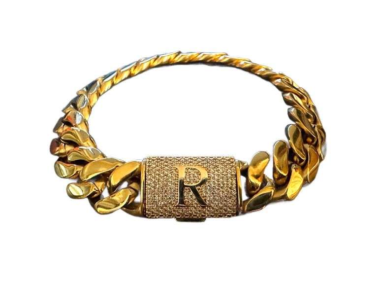 Sharp Gold Plate Monogramed Initial "R" Curb Link Bracelet