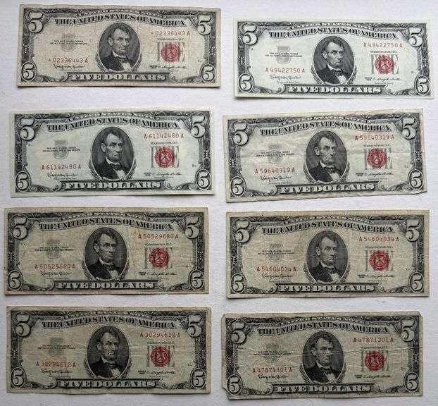 Eight $5 1963 Red Seal US Notes Including a Star