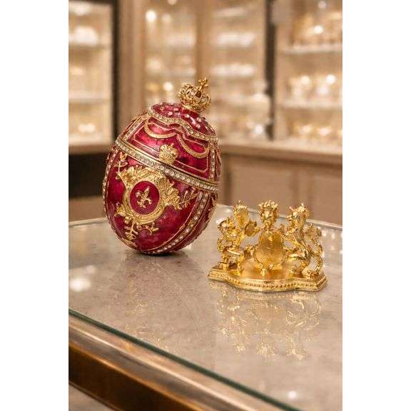 Lion Fabergé-Style Imperial Red Egg Jewelry Box