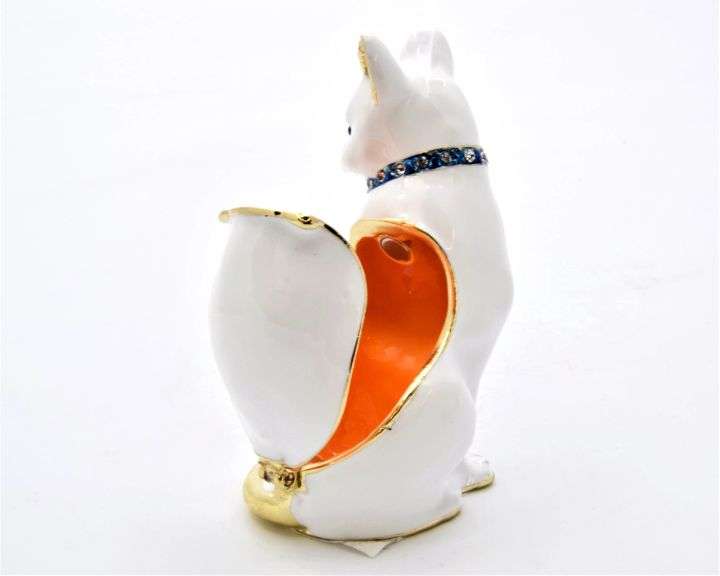 Bejeweled White Cat Trinket Box. Hand Set Swarovski Crystals