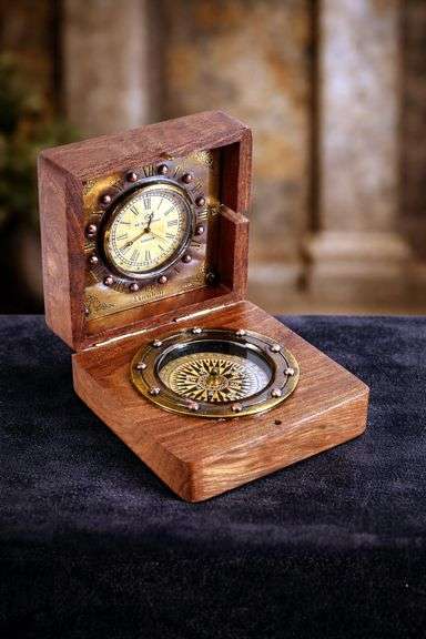 Collectible Brass Sundial Compass with Rosewood Box