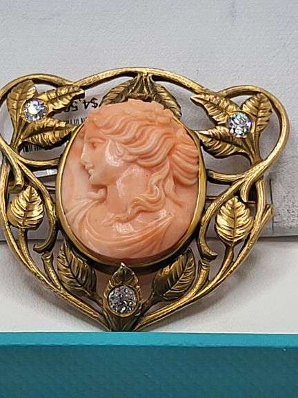 Art  Nouveau Coral Brooch with Elegant 14k Gold Weaved Leaves studded with Diamonds
