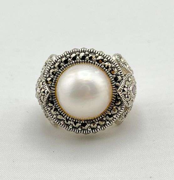 925 Sterling Silver Victorian Blister Pearl And Faceted Marcasite Ring