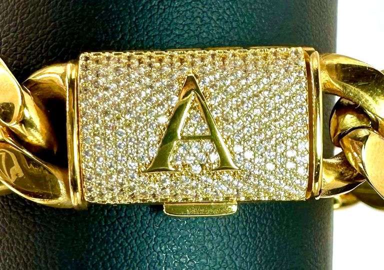 Sparkling 14 Kt Gold Plate 67.5 Gram Monogramed Initial "A" Curb Link Bracelet