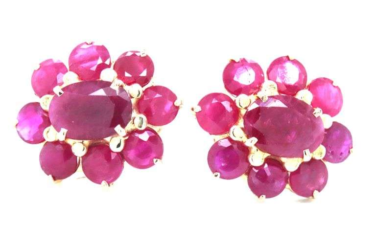 10kt Yellow gold 5.30ctw oval and round ruby flower stud earrings