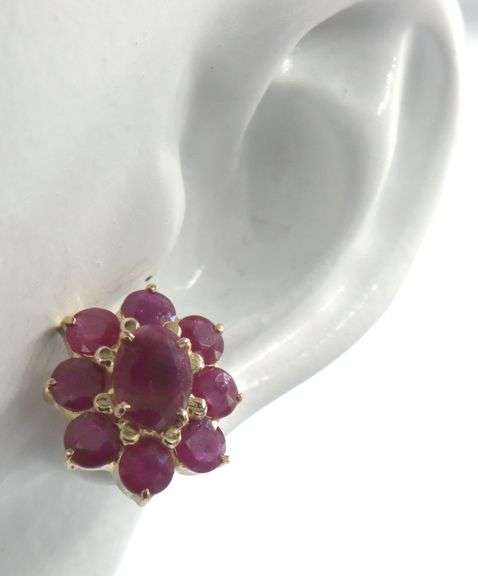 10kt Yellow gold 5.30ctw oval and round ruby flower stud earrings
