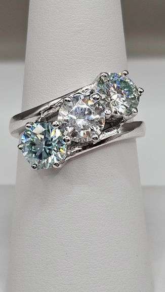 Dazzling 3 Stone 4.75 Ct White Ice Blue Fire Moissanite Ring
