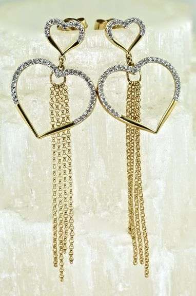 Fun 14K Yellow Gold Double Heart Diamond Dangle Earrings