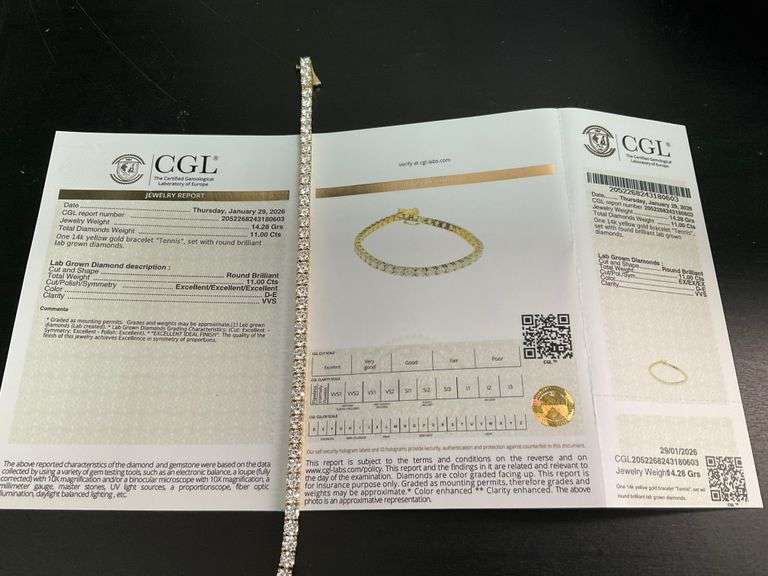 CERTIFIED BRAND NEW 14K YELLOW GOLD TENNIS BRACELET. 11.00 CARATS OF DIAMONDS.