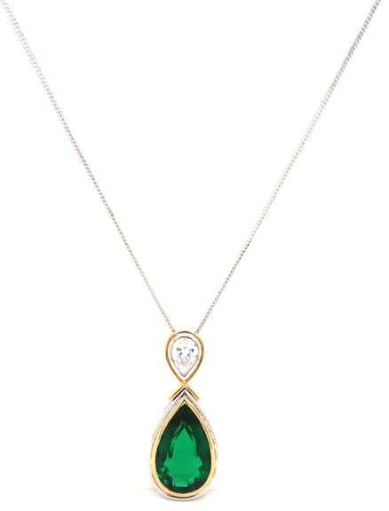 18kt White gold 2 tone Green and white CZ teardrop pendant on chain
