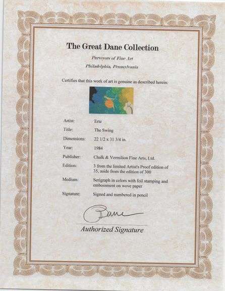 Erte "The Swing" Signed Limited Edition Serigraph with Foil Stamping