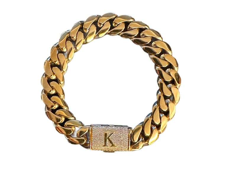 Sparkling 14 Kt Gold Plate 65.8 Gram Monogramed Initial "K" Curb Link Bracelet