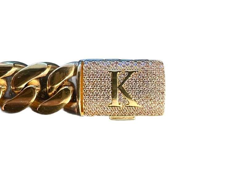 Sparkling 14 Kt Gold Plate 65.8 Gram Monogramed Initial "K" Curb Link Bracelet