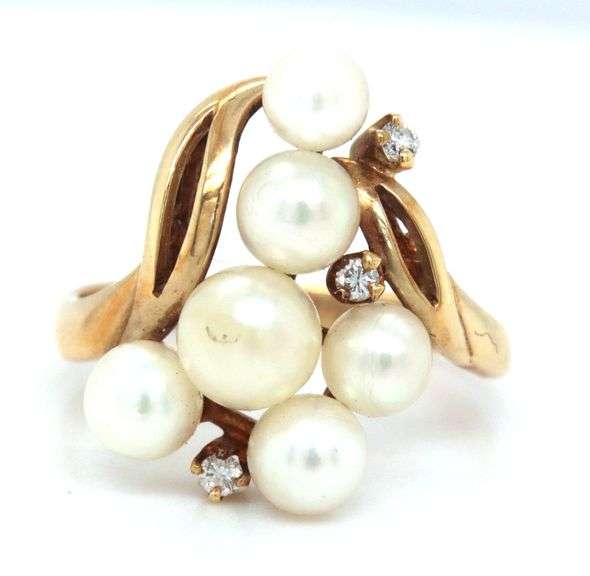 Feminine 14k yellow gold Pearl and Diamond Cluster Ring