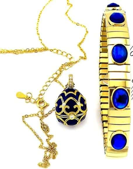 Elegant Egg Pendant Necklace & Bracelet Set – Sapphire Accent, 18K Gold Vermeil, “Something Blue” We