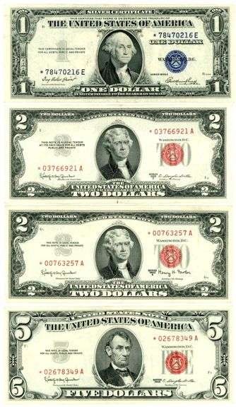 4 Crisp AU STAR Notes: 1935-E $1, 1953-C & 1963-A $2 Reds, and 1963 $5 Red