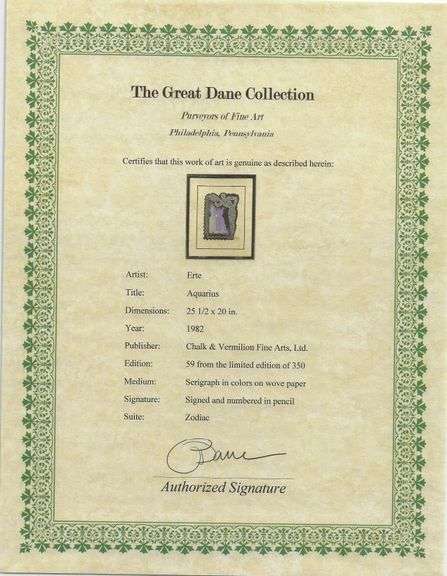 Erte "Aquarius" Serigraph Signed Limited Edition from The Zodiac Suite