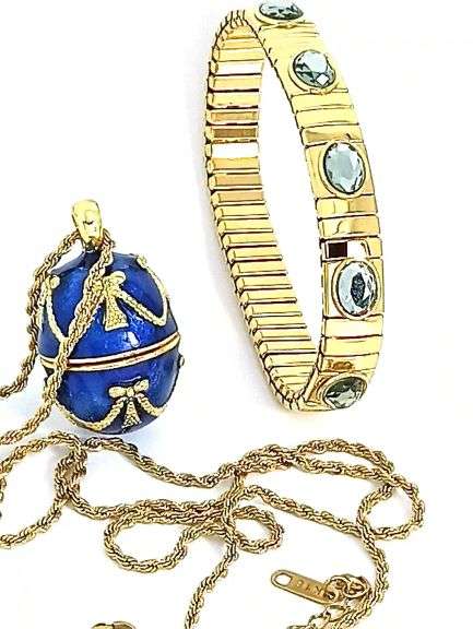 Imperial Sapphire Blue Egg Pendant Necklace & Bracelet Set in 24K Gold Vermeil