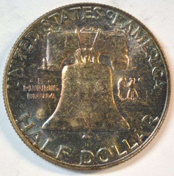 Superb Rainbow Toned Gem BU 1956 Franklin Half Dollar. FBL