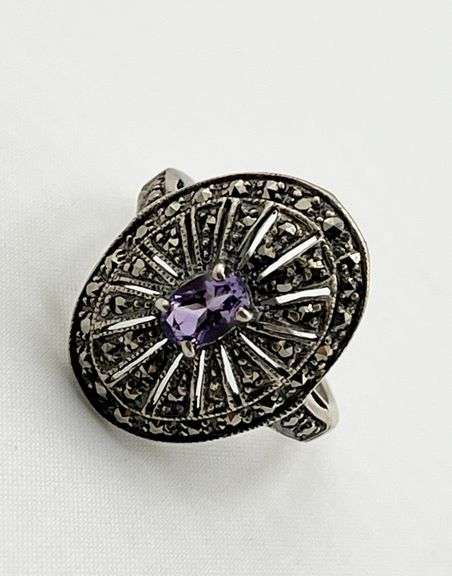 925 Sterling Silver Vintage Art Deco Marcasite Amythyst Ring