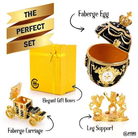 Royal Imperial Black Russian Fabergé Egg Replica with Black Carriage