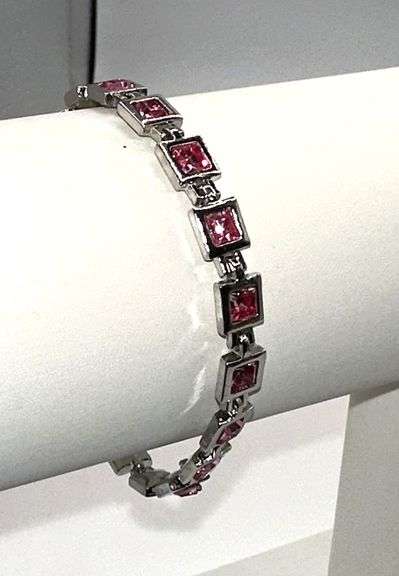 18 Kt White Gold Plated Lab Simulated Pink Sapphire Princess Cut Bracelet