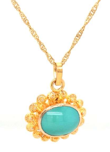 18kt Yellow gold East West oval Turquoise pendant on chain