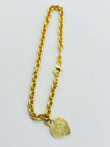 14KT Yellow Gold Rolo Link Engraved Love Always 50Th Heart Charm Bracelet