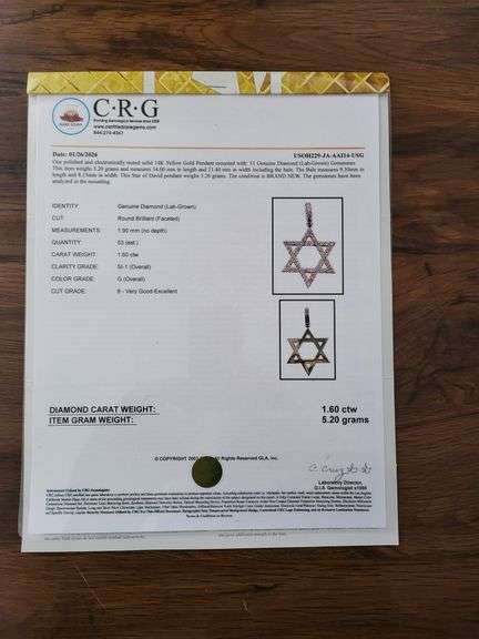 15 KT Yellow Gold Star of David Pendant with 1.60 CTTW Lab Diamonds