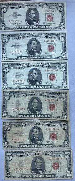 Six 1963 Series $5 Red Seal US Notes