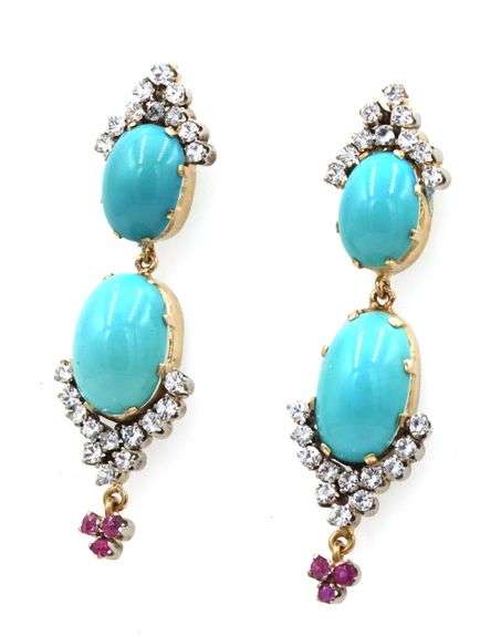 18kt Yellow gold Turquoise, ruby and CZ dangle earrings