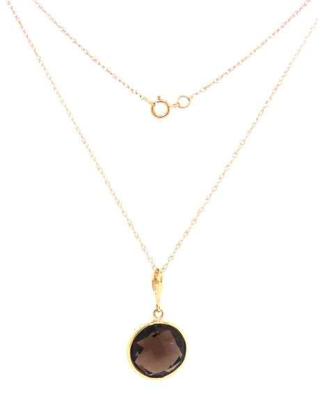 14kt Yellow gold bezel set smokey quartz pendant on chain