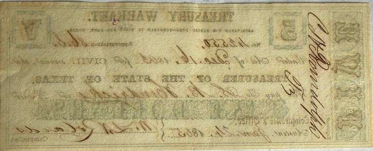 1863 Uncirculated Texas Treasury Warrant