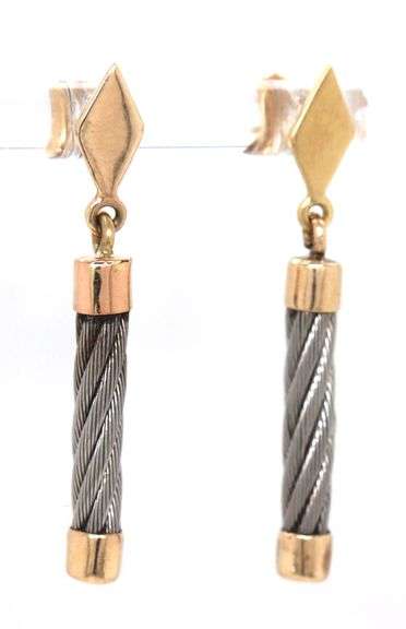 14kt Yellow gold and stainless steel dangle earrings