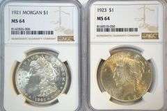 Near Gem BU 1921 Morgan & 1923 Peace Silver Dollars. NGC MS64