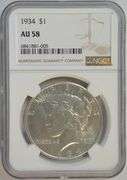 Lustrous Near Mint 1934 Peace Silver Dollar. NGC AU58
